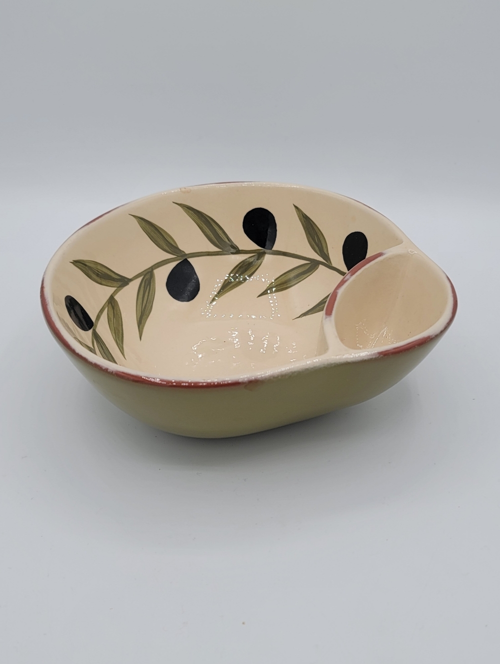 Olive Dish w Pit Holder Terracotta Tuscan Antipasto Bowl Mediterranean Vintage
